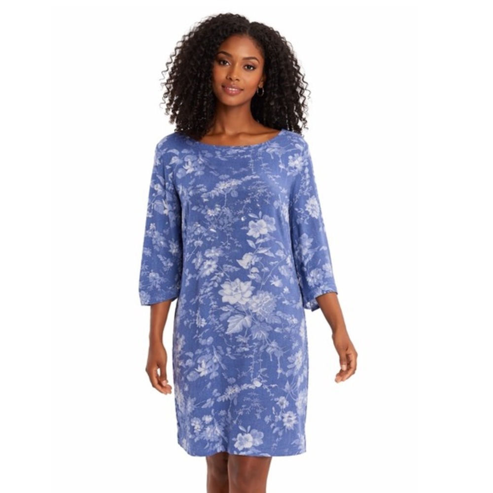 H&M Blue White Floral Shift Dress 3/4 Tie Sleeve 12 Resortwear Boho Chic 83-16